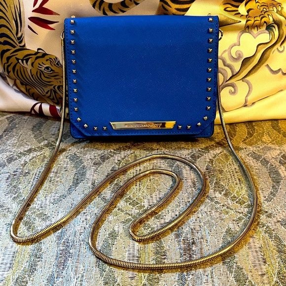 Rebecca Minkoff Handbags - EUC REBECCA MINKOFF Studded Crossbody WOC in Blue Saffiano Leather + Silver